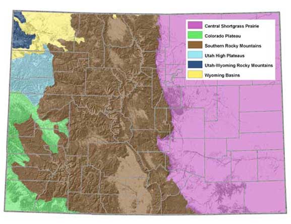 Colorado map showing ecoregions. Click on map for larger version (706 KB PDF).