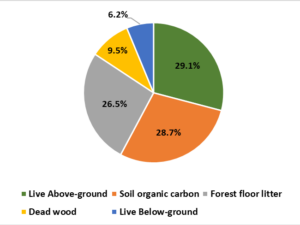 pie chart that show percentage of total forest carbon by Pool in Colorado: 6.2% live below-ground, 9.5% Dead wood, 26.5% Forest floor litter, 28.7% soil organic carbon, 29.1% live above-ground.