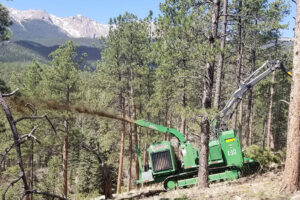 heavy forestry machinery shoots out wood chips in a forested area below huge mountains.
