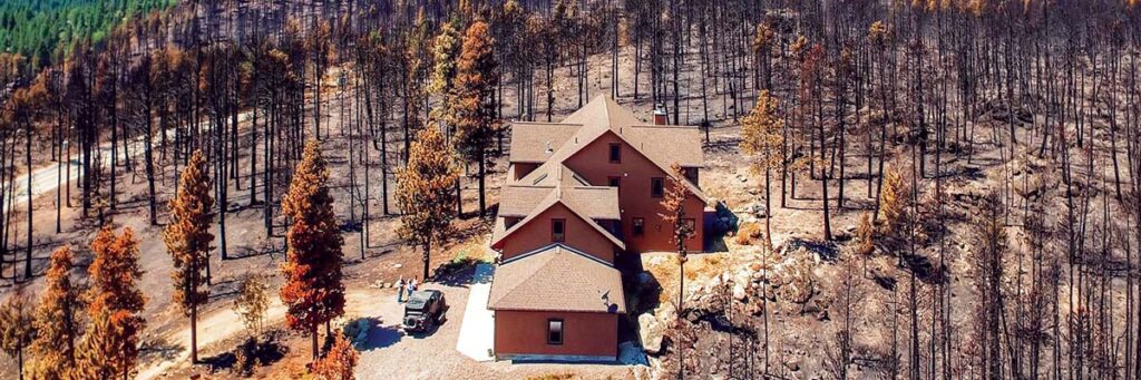 People gather outside a home surrounded by burned woods