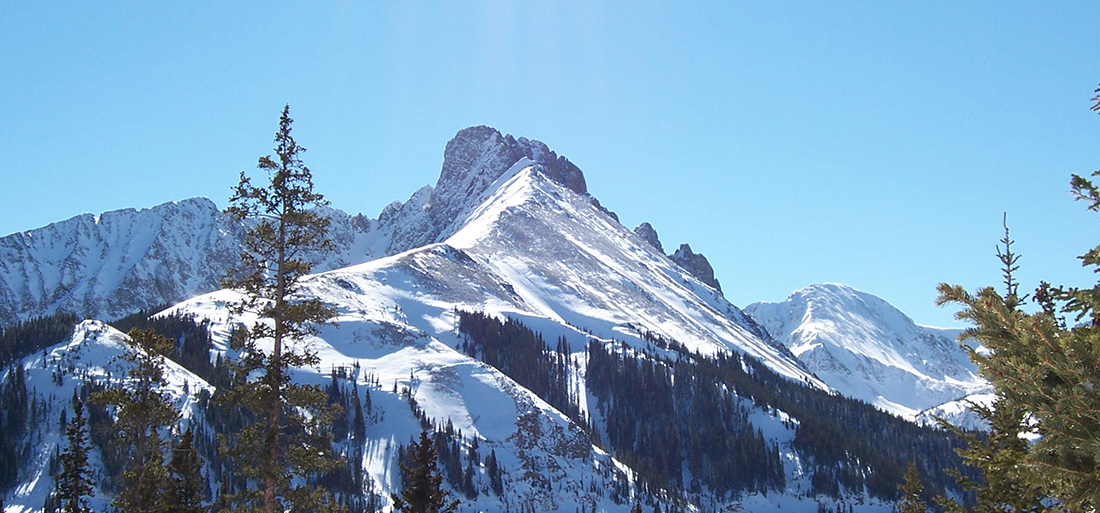 snow-covered mountain in front of a blue sky and in a forested landscape.