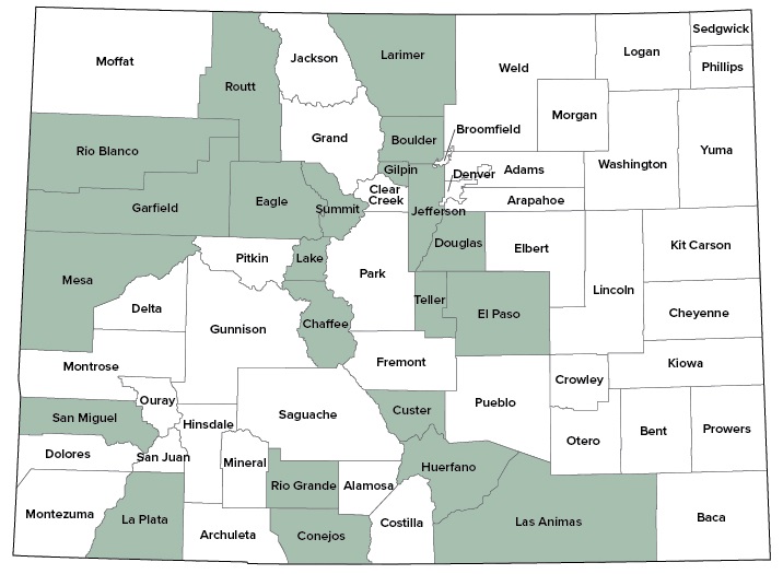 Map of Colorado counties that received FRWRM grant funds