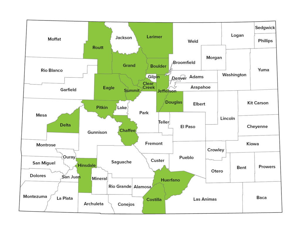 A map of Colorado counties with the following counties shaded in green: Routt, Larimer, Grand, Boulder, Jefferson, Douglas, Clear Creek, Summit, Eagle, Pitkin, Delta, Chaffee, Hinsdale, Huerfano, and Costilla. 