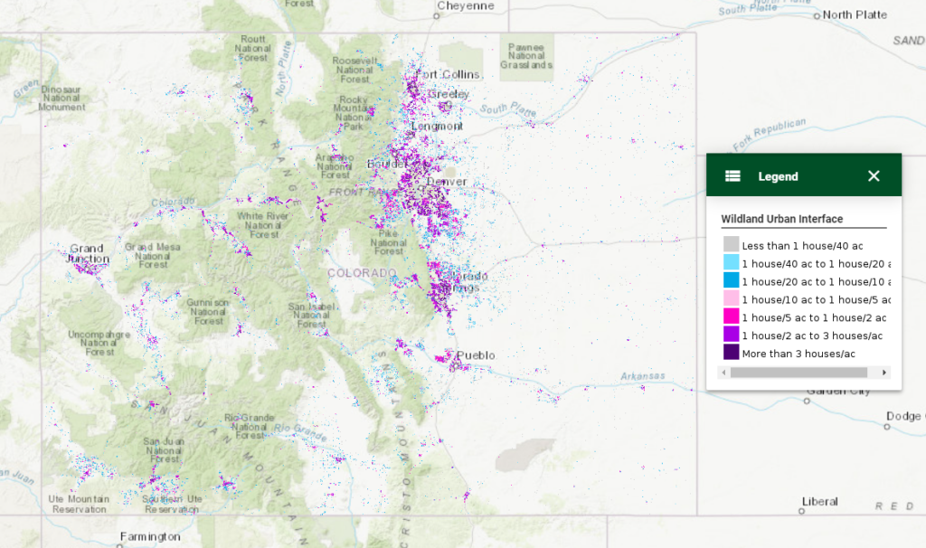 Topographic map of Colorado highlights wildland-urban interface