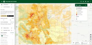 screenshot of the Wildfire Risk Viewer application that contains a digital map of Colorado and a legend.
