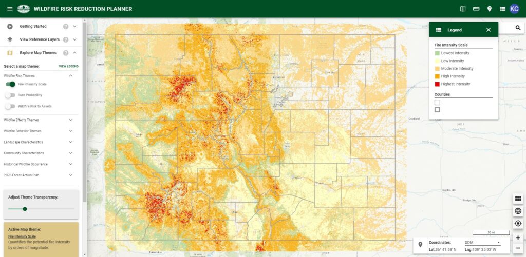 a screenshot of the Wildfire Risk Reduction Planner application that contains a digital map of Colorado and a legend.