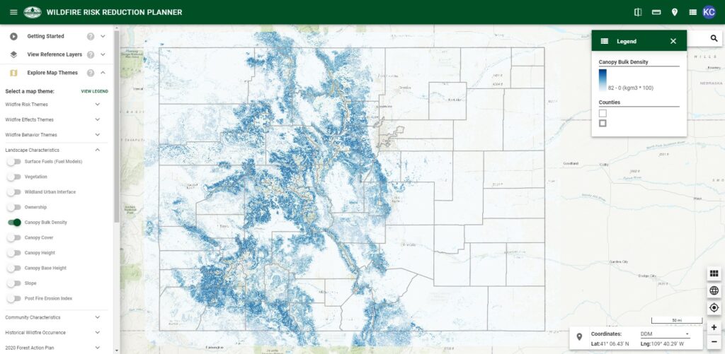map of Colorado with a legend and shades of blue that indicate canopy bulk density.