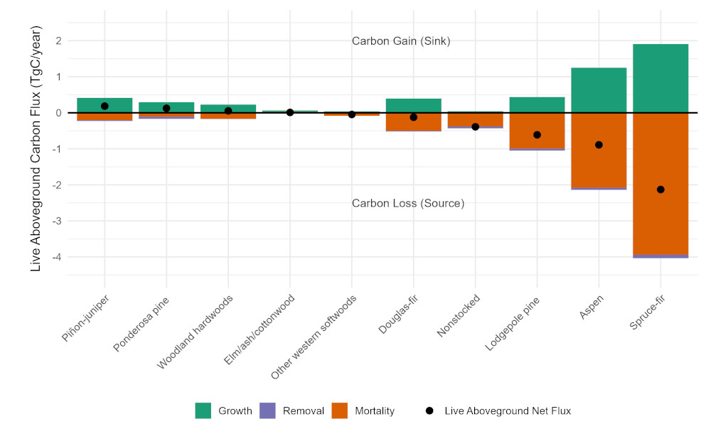 Changes in aboveground carbon pool by forest type