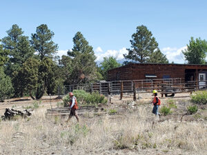 Two CFSF foresters walk in front of a high fence with a wooden building in the background.