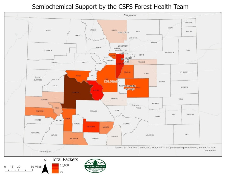 A Colorado map showing CSFS semiochemical program distribution
