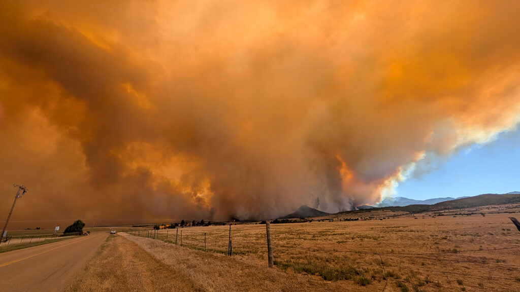 cloud of smoke pours from wildfire.